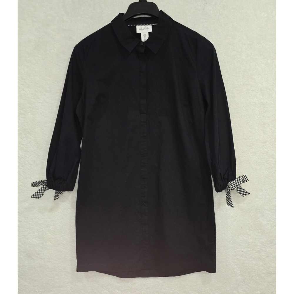 Heyton Women's Size M‎ Black Dress 1/4 Button Collar Long Sleeve Woven Cotton